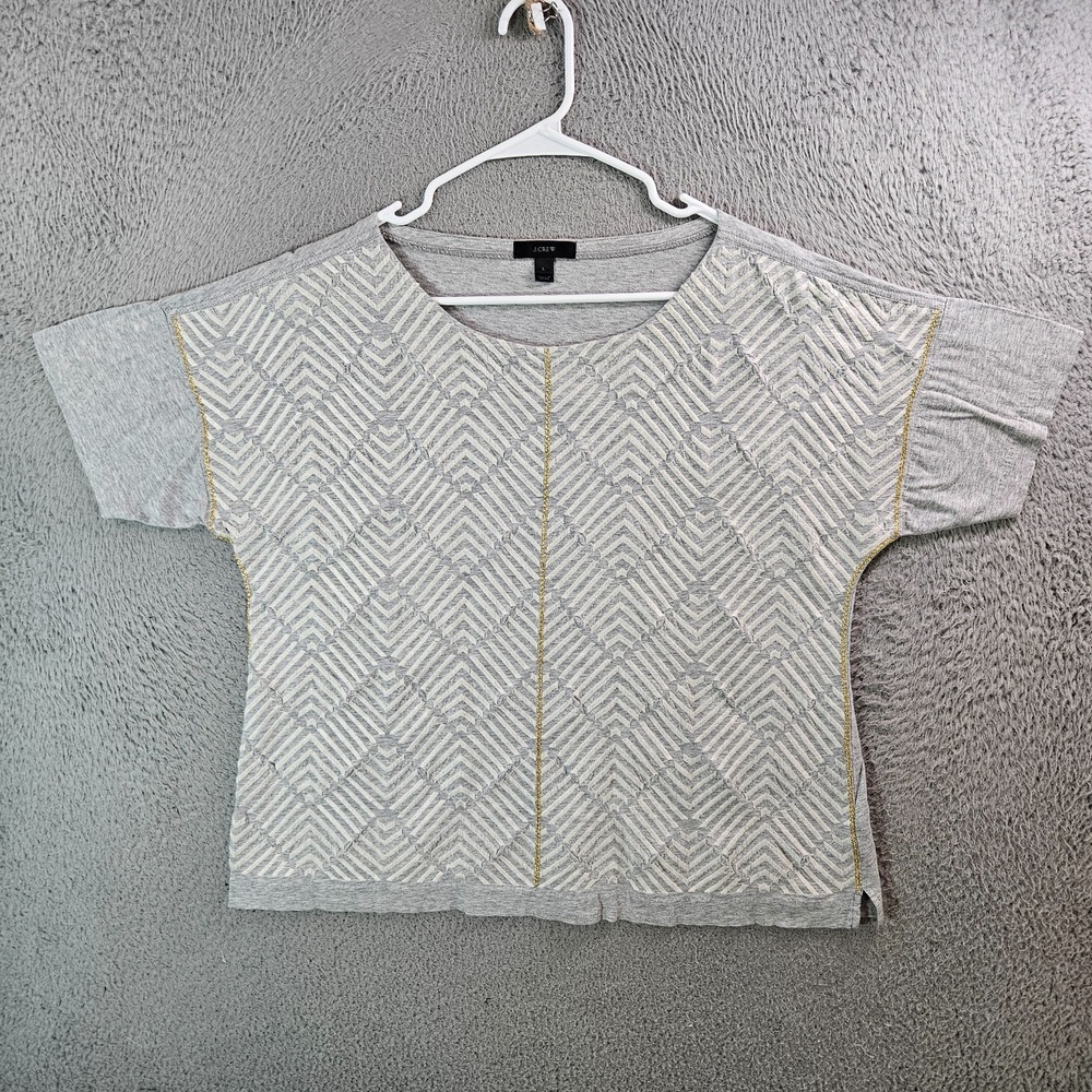 J Crew Top Blouse Women Large Zigzag Embroidered Short Sleeve Gray Stretch